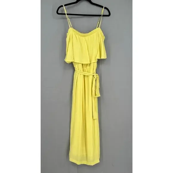 Victoria Sophia Dress Large Yellow Midi Pockets Belted Ruffle Cottage Boho Flowy - Picture 9 of 11